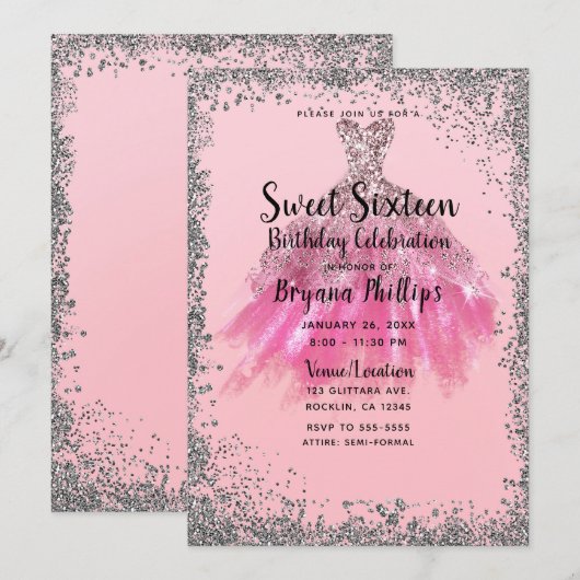 Invitation Robe de soirée rose pailletée argentée pour Sweet  (Devant / Derrière)