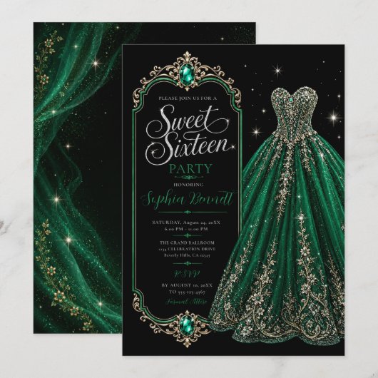 Invitation Robe de soirée verte émeraude pour 16 ans (Devant / Derrière)