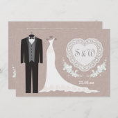 Invitation Robe de Tuxedo, coeur sur Mariage gris beige (Devant / Derrière)