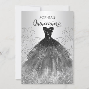 Invitation Robe d'étincelle noire en argent Quinceañera