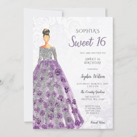 Invitation Robe d'étincelle violet argent Douce 16 ans Invi (Devant)