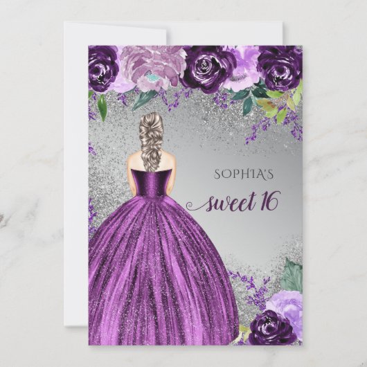 Invitation Robe d'étincelle violet argent Douce 16 ans Invi (Devant)