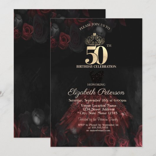 Invitation Robe, Diadème, Roses Rouges 50e Anniversaire (Devant / Derrière)