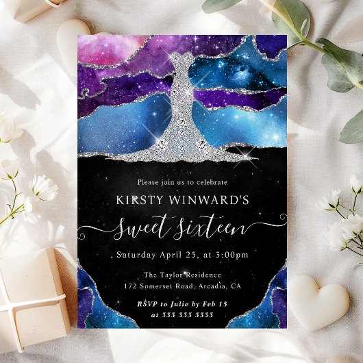 Invitation Robe Diamant et Galaxie Agate Sweet 16