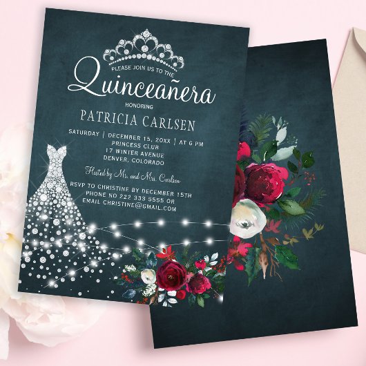 Invitation Robe diamant et tiara floral élégant quinceanera