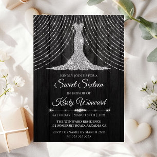 Invitation Robe Diamant Noir Argenté Sweet 16