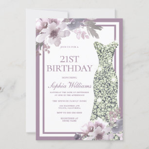 Invitation Robe Diamante d'Argent Floral Violet 21e anniversa