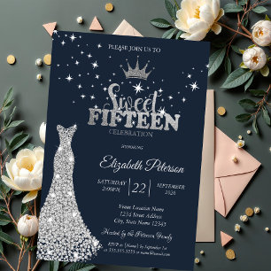 Invitation Robe Diamants Étoiles Bleu Marine Quinceañera