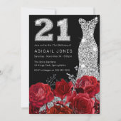 Invitation Robe Diamond Argent Rose rouge 21e fête d'annivers (Devant)