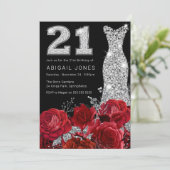 Invitation Robe Diamond Argent Rose rouge 21e fête d'annivers (Debout devant)