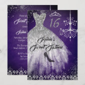 Invitation Robe Diamond Étincelle Purple Silver Sweet 16 (Devant / Derrière)