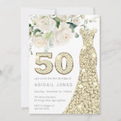 Invitation Robe d'or Blanc Floral Roses 50e anniversaire (Devant)