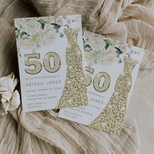Invitation Robe d'or Blanc Floral Roses 50e anniversaire