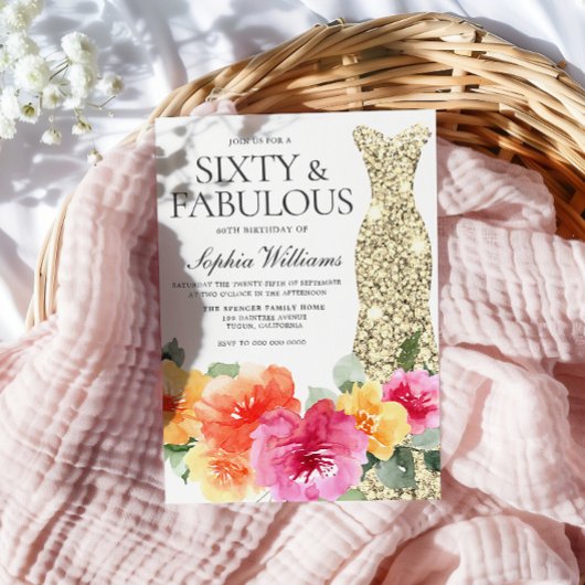 Invitation Robe d'or botanique florale 60e fête d'anniversair