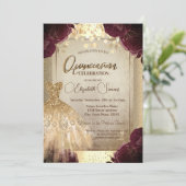 Invitation Robe d'or Bourgogne Roses Confetti Quinceañera (Debout devant)