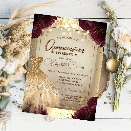 Invitation Robe d'or Bourgogne Roses Confetti Quinceañera