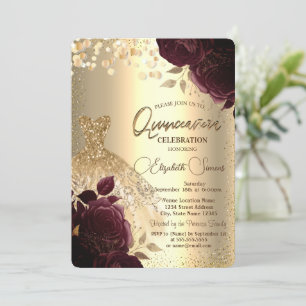 Invitation Robe d'or Bourgogne Roses Quinceañera