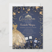 Invitation Robe d'or, Branches, Diamants Marine Blue Quinceañ (Devant)
