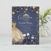 Invitation Robe d'or, Branches, Diamants Marine Blue Quinceañ (Debout devant)