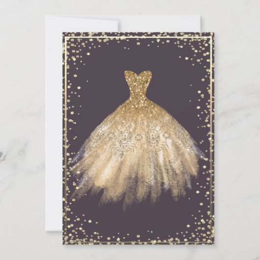 Invitation Robe d'or, Branches, Étoiles de diamants Quinceañe (Dos)