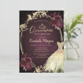 Invitation Robe d'or Cadre Bourgogne Roses Quinceañera (Debout devant)