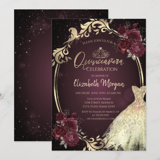 Invitation Robe d'or Cadre Bourgogne Roses Quinceañera (Devant / Derrière)