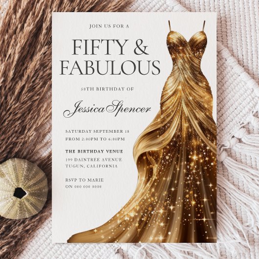 Invitation Robe d'or Champagne Fabuleux Cinquante-Anniversair