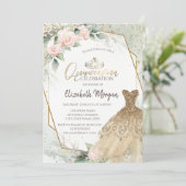 Invitation Robe d'or, Diamants Aquarelle Vert Quinceañera (Debout devant)