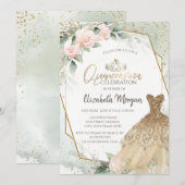 Invitation Robe d'or, Diamants Aquarelle Vert Quinceañera (Devant / Derrière)