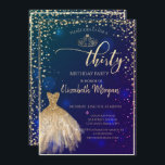 Invitation Robe d'or, Diamants Bleu 30e fête d'anniversaire<br><div class="desc">Robe d'or,  tiare et diamants sur un arrière - plan bleu.</div>