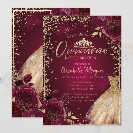 Invitation Robe d'or, Diamants Bourgogne Roses Quinceañera (Devant / Derrière)