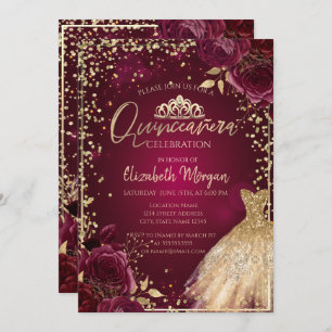 Invitation Robe d'or, Diamants Bourgogne Roses Quinceañera