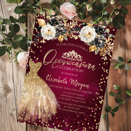 Invitation Robe d'or Diamants Fleurs Bourgogne Quinceañera