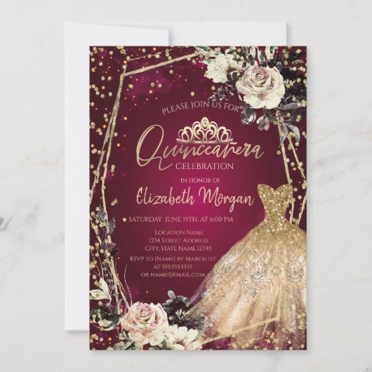 Invitation Robe d'or Diamants Roses Bourgogne Quinceañera (Devant)