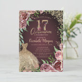 Invitation Robe d'or Diamonds Bourgogne Roses Quinceañera (Debout devant)