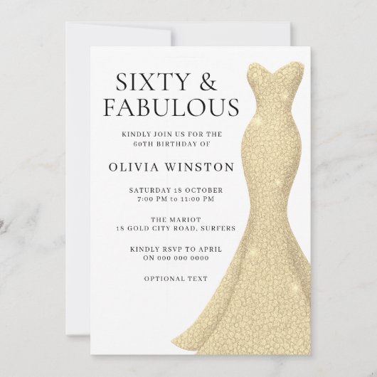 Invitation Robe d'or élégant 60 et fabuleux 60e anniversaire (Devant)
