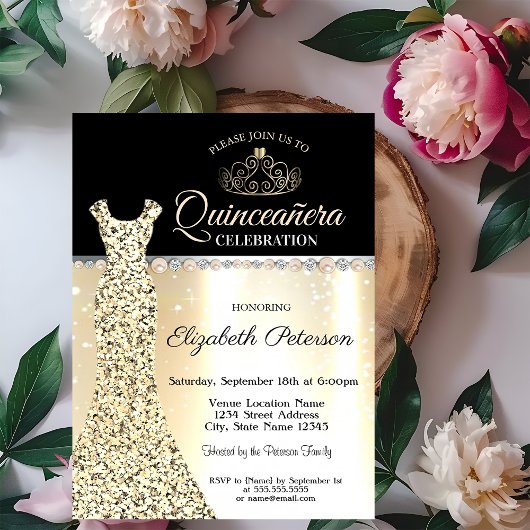 Invitation Robe d'or élégant, Diamonds Pearls Quinceañera