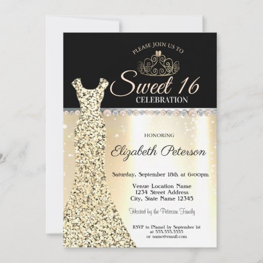 Invitation Robe d'or élégante, Diamonds Pearls Sweet 16 (Devant)