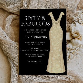 Invitation Robe d'or élégante Noir 60e fête d'anniversaire