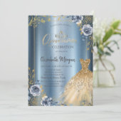 Invitation Robe d'or encadrée Roses bleu Quinceañera (Debout devant)