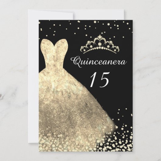 Invitation Robe d'or et Quinceanera noire 15ème anniversaire  (Devant)