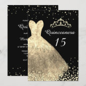 Invitation Robe d'or et Quinceanera noire 15ème anniversaire  (Devant / Derrière)