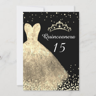 Invitation Robe d'or et Quinceanera noire 15ème anniversaire 