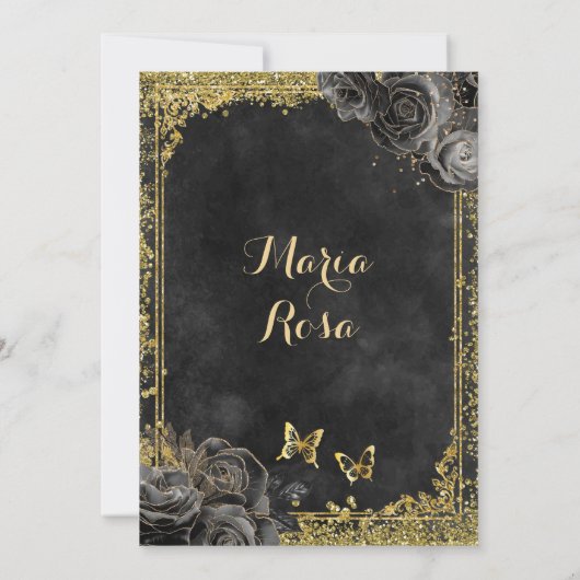 Invitation Robe d'or et Rose noir Royale Quinceañera (Dos)