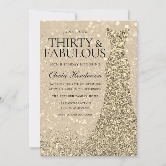 Invitation Robe d'or Femme 30e Anniversaire Fête Étincelle (Devant)