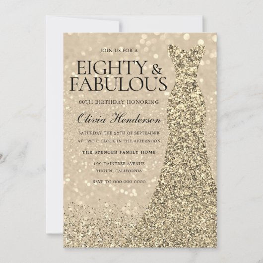 Invitation Robe d'or Femme 80e Anniversaire Fête Étincelle (Devant)