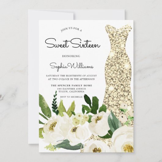 Invitation Robe d'or Fleurs blanches Douce 16 Anniversaire (Devant)