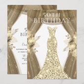 Invitation Robe d'or Fleurs Élégante fête de 50e anniversaire (Devant / Derrière)
