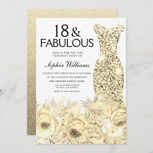 Invitation Robe d'or Floral 18 & Fabuleux 18e anniversaire (Devant / Derrière)