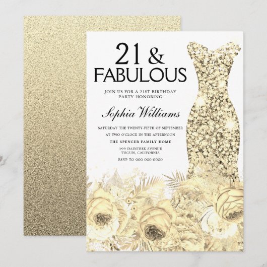 Invitation Robe d'or Floral 21 & Fabuleux 21e anniversaire (Devant / Derrière)